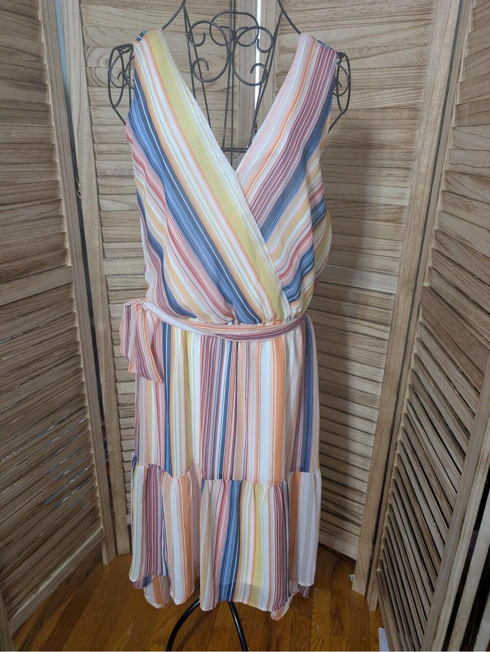 Luxology Womens Short Sleeve Multi-Color Striped Wrap Dress Midi  Sz 8 NWT $60